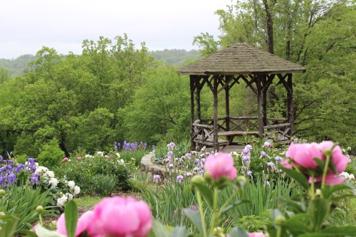 A wooden gazebo surrounded by vibrant flowers and lush greenery in a serene garden setting.