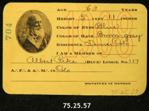 Membership card for Albert Pike, detailing age, height, eye color, hair color, and residence in Denver, Colorado.