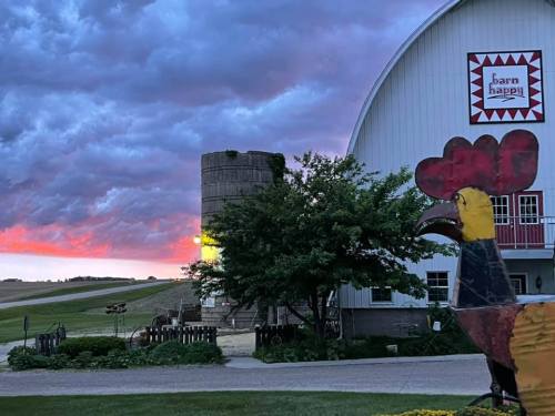 A colorful rooster statue in front of a barn at sunset, with dramatic clouds in the sky.