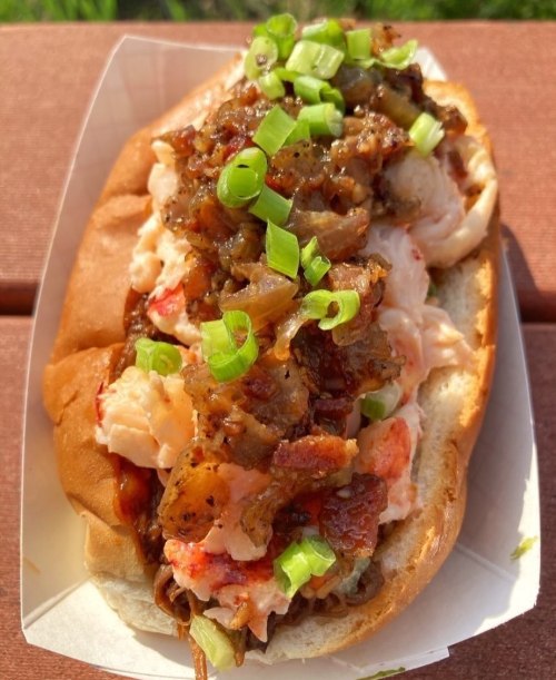 A delicious lobster roll topped with crispy onions and green onions, served in a soft bun.