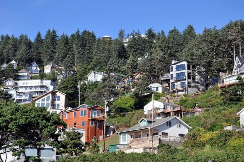 A hillside with various houses nestled among trees under a clear blue sky.