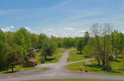 A scenic view of a winding road through a green park, surrounded by trees and blue skies with fluffy clouds.