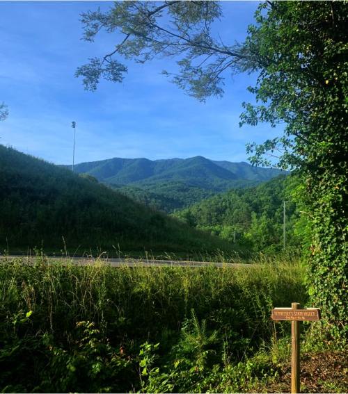 A scenic view of green mountains under a blue sky, with a signpost in the foreground indicating a trail.