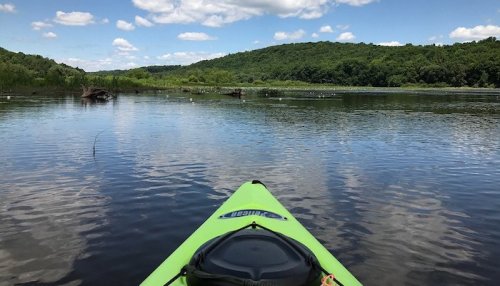 A green kayak on calm water, surrounded by lush greenery and blue skies with fluffy clouds.