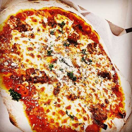 A close-up of a delicious pizza topped with cheese, meat, and herbs on a golden crust.