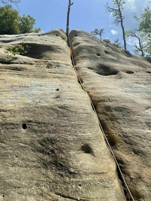 A steep rock face with a climbing rope attached, surrounded by trees and a blue sky.