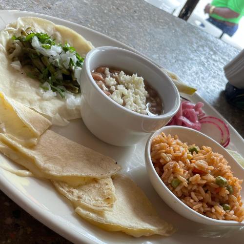 A plate of food featuring tortillas, beans, rice, and garnishes like onions and cilantro.