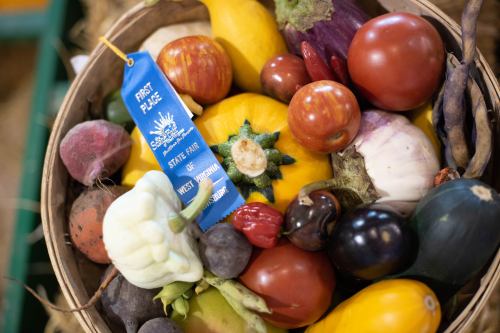 A basket of colorful vegetables and fruits, featuring a blue ribbon labeled "First Place, State Fair of West Virginia."