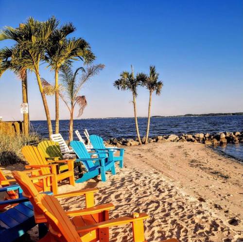 Colorful adirondack chairs line a sandy beach with palm trees and a calm water view under a clear blue sky.