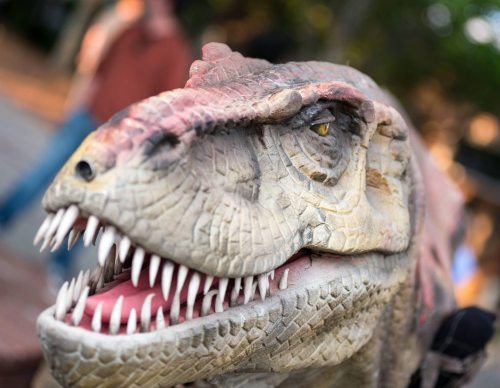 Close-up of a realistic dinosaur head with sharp teeth and detailed scales, set against a blurred background.