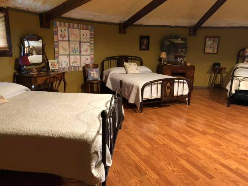A cozy bedroom with two metal-framed beds, wooden floors, and green walls, featuring a quilted wall hanging and a desk.