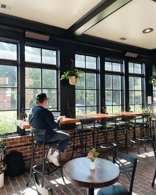 A person sits at a high table by large windows in a cozy café, surrounded by plants and natural light.