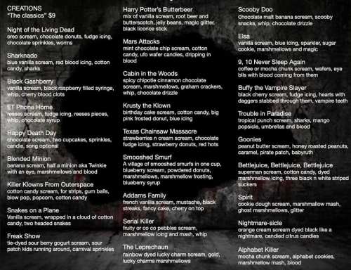 A menu featuring creative dessert names inspired by pop culture, with descriptions of flavors and ingredients.
