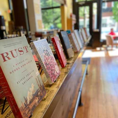 A row of books displayed on a wooden table in a bright, cozy bookstore.