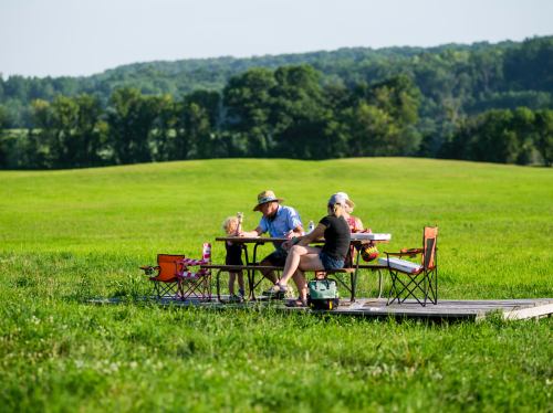 A family enjoys a picnic at a table in a grassy field, surrounded by trees and hills in the background.