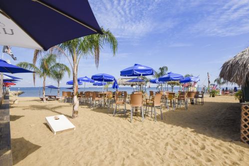 A sandy beach with blue umbrellas, tables, and chairs overlooking the ocean under a clear sky.