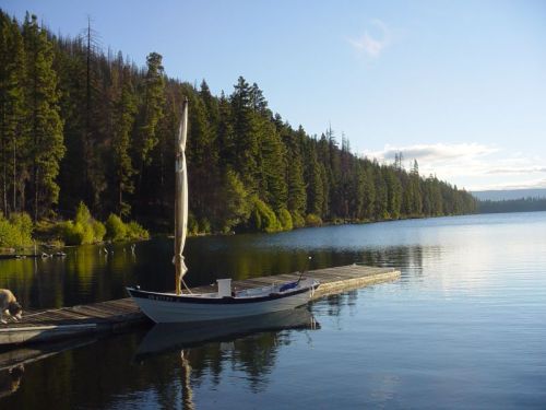 A small sailboat docked at a serene lake surrounded by lush green trees under a clear blue sky.