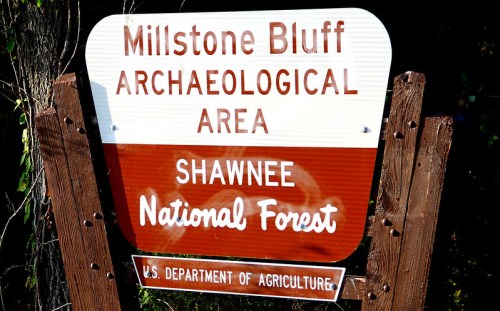 Sign for Millstone Bluff Archaeological Area in Shawnee National Forest, U.S. Department of Agriculture.