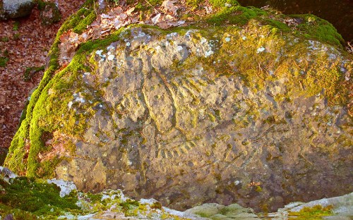Ancient rock carving of a figure, partially covered in moss, set in a natural outdoor environment.