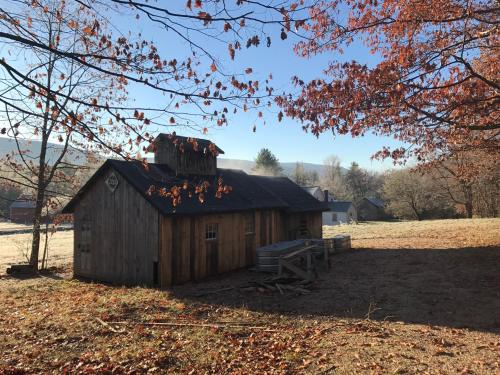 A rustic wooden building surrounded by autumn leaves and a clear blue sky, set in a peaceful rural landscape.
