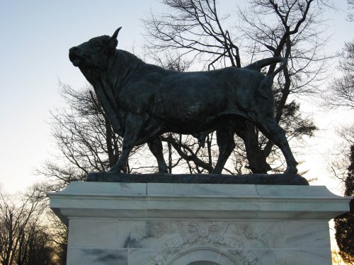 A bronze statue of a bull stands atop a stone pedestal, surrounded by bare trees against a twilight sky.