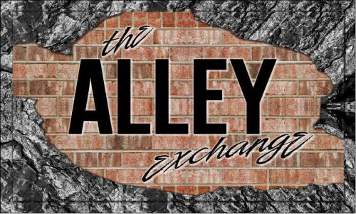 Logo for "thz ALLEY exchange" featuring bold text on a brick wall background with a textured border.
