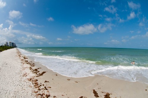 A serene beach scene with gentle waves, sandy shore, and a clear blue sky, featuring a person swimming in the distance.
