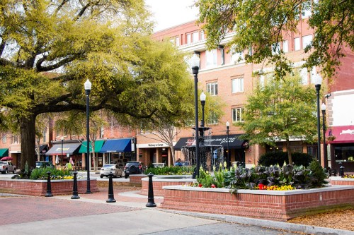 A charming street scene with shops, trees, and flower beds in a vibrant downtown area.