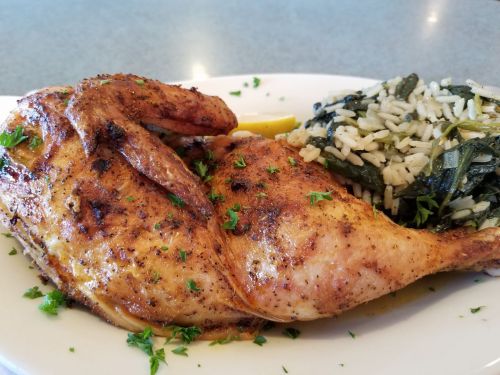 Grilled chicken with herbs served alongside a portion of rice and greens on a white plate.