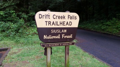 Sign for Drift Creek Falls Trailhead in Siuslaw National Forest, with lush greenery in the background.