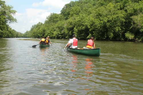 Two canoes paddle down a calm river surrounded by lush green trees under a partly cloudy sky.