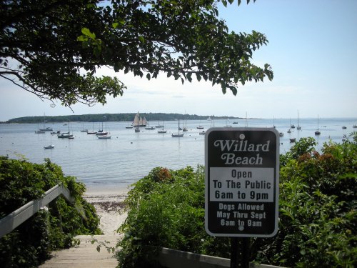 A view of Willard Beach with boats in the water and a sign indicating public access hours and dog policies.