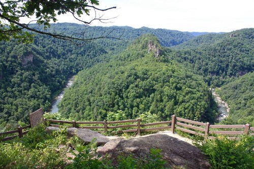 A scenic view of lush green mountains and a winding river, framed by trees and a wooden railing in the foreground.