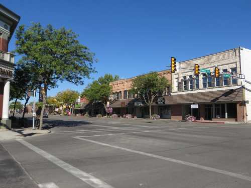 A quiet street scene featuring historic buildings, trees, and traffic lights under a clear blue sky.