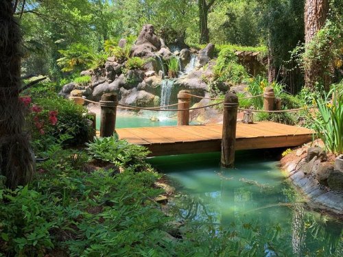 A serene garden scene featuring a wooden bridge over a tranquil pond with a small waterfall and lush greenery.