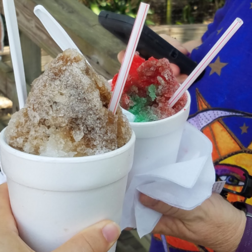 Two cups of colorful shaved ice with straws, one brown and one red with green, held by hands outdoors.