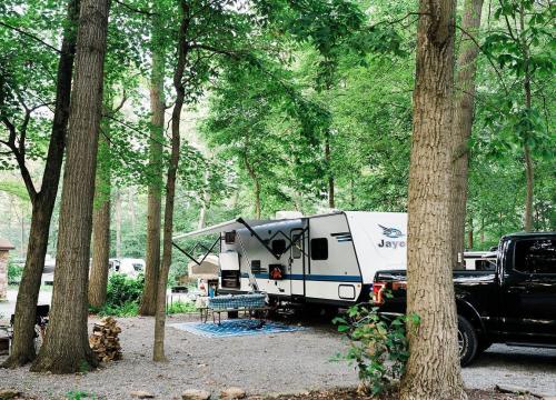 A camper parked in a wooded area, surrounded by trees, with outdoor seating and a rug set up nearby.