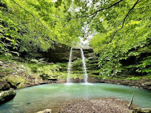 A serene waterfall cascades into a clear pool, surrounded by lush green foliage and rocky terrain.