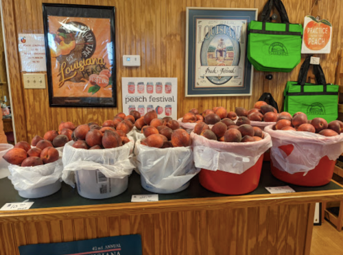 Baskets of fresh peaches on display at a festival, with colorful bags and framed art in the background.