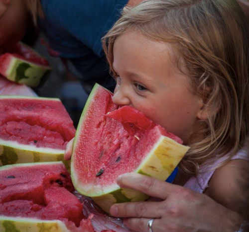 A young girl bites into a large slice of watermelon, surrounded by more watermelon pieces.