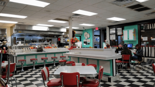 A retro diner interior with checkered floors, red stools, and a counter, featuring customers seated at tables.