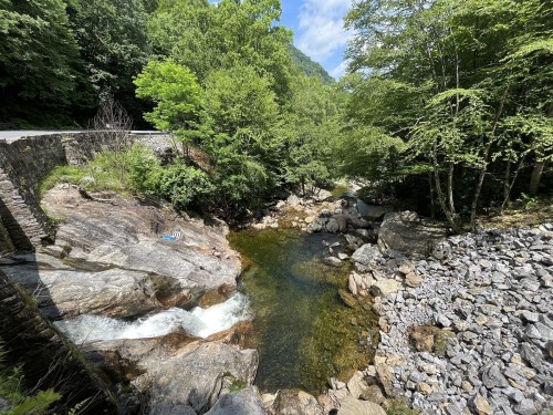 A serene river flows through rocky terrain, surrounded by lush green trees under a clear blue sky.