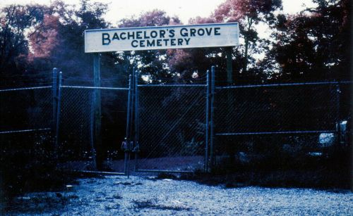 Sign for Bachelor's Grove Cemetery, with a chain-link fence and overgrown trees in the background.
