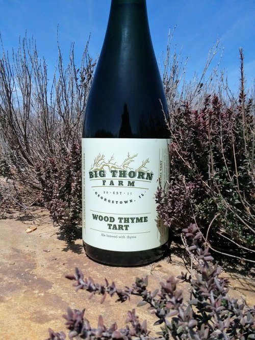 A bottle of Wood Thyme Tart ale from Big Thorn Farm, surrounded by dry herbs and a blue sky in the background.
