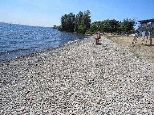 A rocky beach by a lake with people swimming and trees in the background under a clear blue sky.