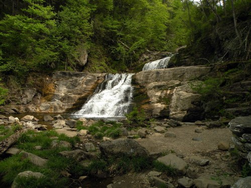 A serene waterfall cascades over rocky ledges, surrounded by lush green trees and a peaceful natural landscape.