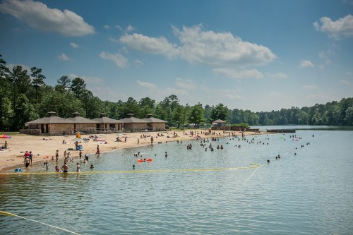 A sunny beach scene with people swimming and relaxing by a lake, surrounded by trees and buildings in the background.