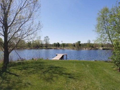 A serene lake view with a wooden dock, surrounded by green grass and trees under a clear blue sky.