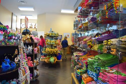 A colorful gift shop interior filled with plush toys and vibrant clothing displays, with customers browsing.