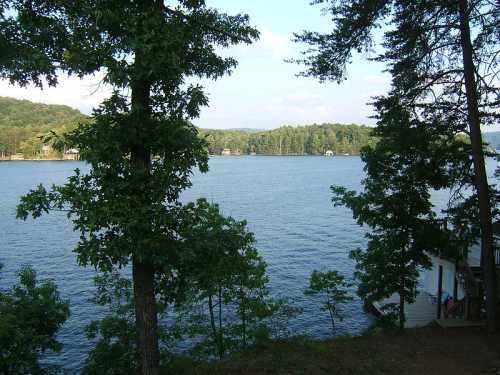 A serene lake view surrounded by trees, with distant hills and a clear blue sky.